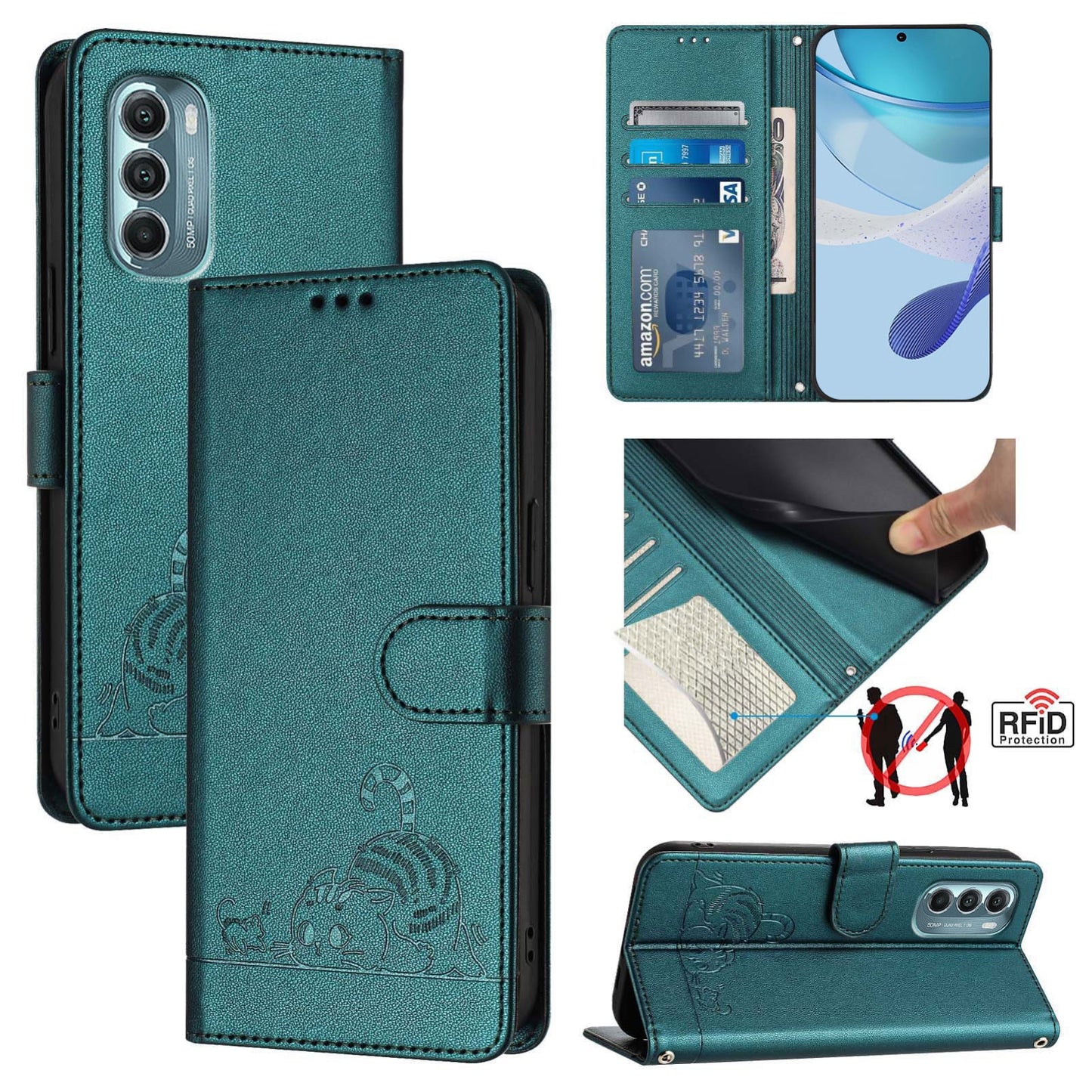 Motorola Moto G Stylus 5G 2022 Cat and Mouse Embossed PU Leather RFID Case with Wallet Slots, Anti-Fall Protection, Kickstand, and Lanyard-buycases.co.uk