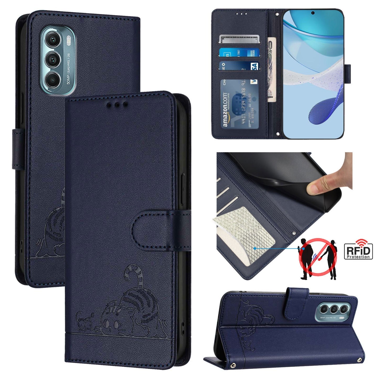Motorola Moto G Stylus 5G 2022 Cat and Mouse Embossed PU Leather RFID Case with Wallet Slots, Anti-Fall Protection, Kickstand, and Lanyard-buycases.co.uk