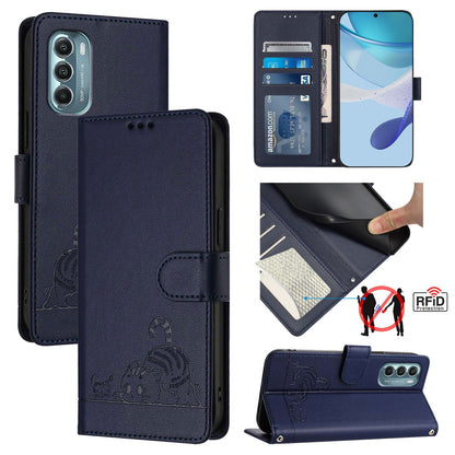 Motorola Moto G Stylus 5G 2022 Cat and Mouse Embossed PU Leather RFID Case with Wallet Slots, Anti-Fall Protection, Kickstand, and Lanyard-buycases.co.uk