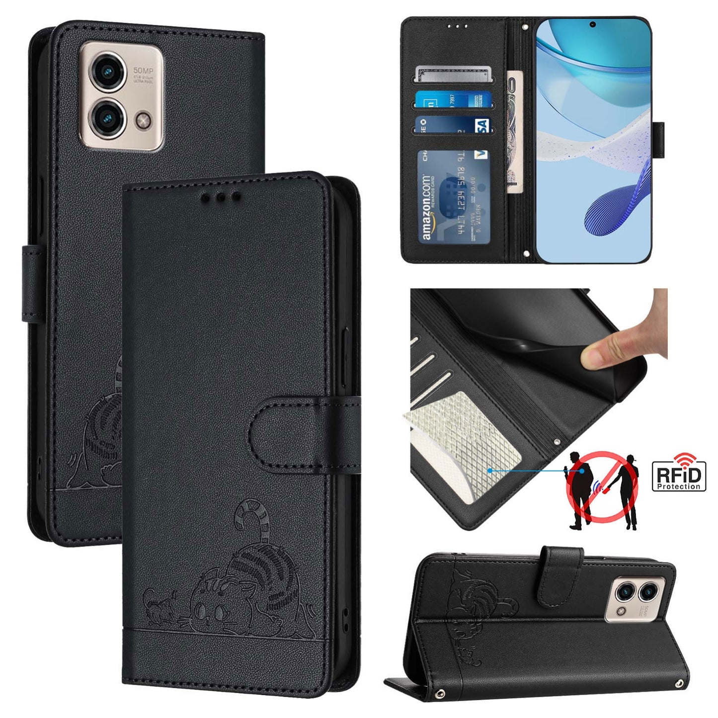 Motorola Moto G Stylus 2023 4G Cat and Mouse Embossed PU Leather RFID Case with Wallet Slots, Anti-Fall Protection, Kickstand, and Lanyard-buycases.co.uk