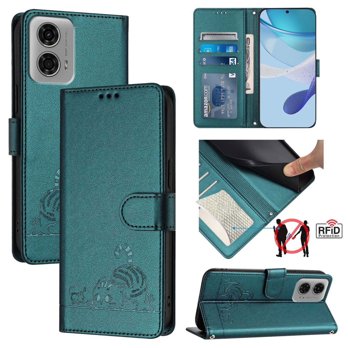 Motorola Moto G04 4G Global Cat and Mouse Embossed PU Leather RFID Case with Wallet Slots, Anti-Fall Protection, Kickstand, and Lanyard-buycases.co.uk