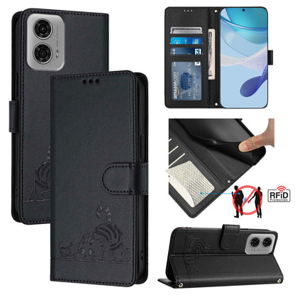 Motorola Moto G24 4G Global Cat and Mouse Embossed PU Leather RFID Case with Wallet Slots, Anti-Fall Protection, Kickstand, and Lanyard-buycases.co.uk