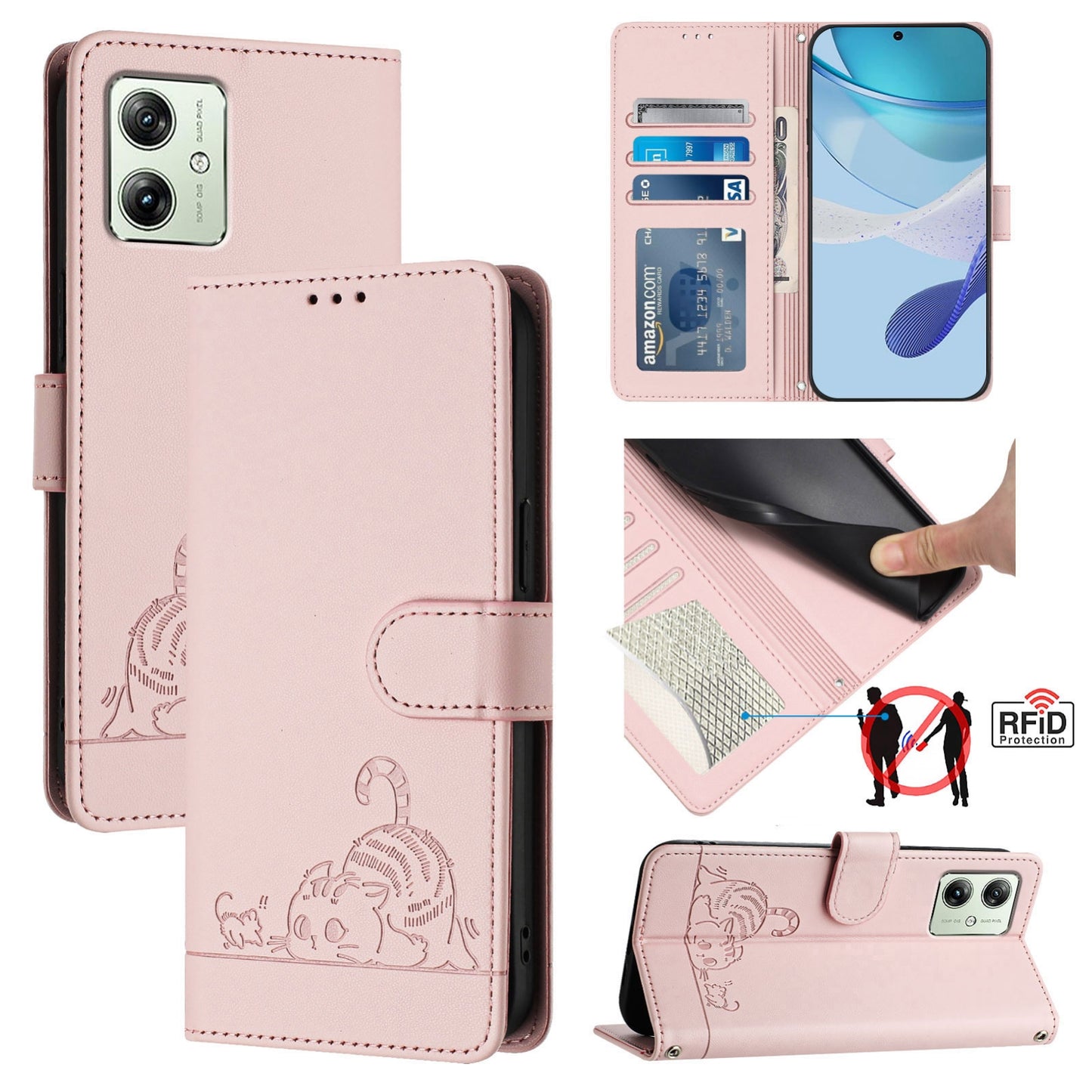 Motorola Moto G14 4G Cat and Mouse Embossed PU Leather RFID Case with Wallet Slots, Anti-Fall Protection, Kickstand, and Lanyard-buycases.co.uk