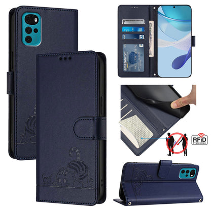 Motorola Moto G22 4G Cat and Mouse Embossed PU Leather RFID Case with Wallet Slots, Anti-Fall Protection, Kickstand, and Lanyard-buycases.co.uk
