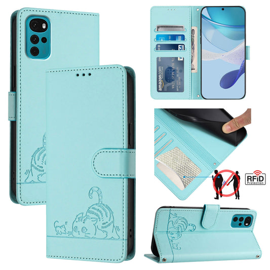 Motorola Moto E22s 4G Global Cat and Mouse Embossed PU Leather RFID Case with Wallet Slots, Anti-Fall Protection, Kickstand, and Lanyard-buycases.co.uk