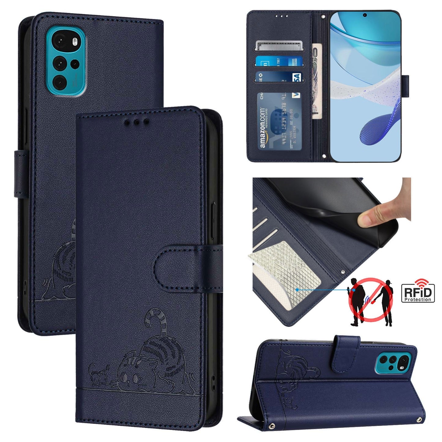 Motorola Moto E22s 4G Global Cat and Mouse Embossed PU Leather RFID Case with Wallet Slots, Anti-Fall Protection, Kickstand, and Lanyard-buycases.co.uk