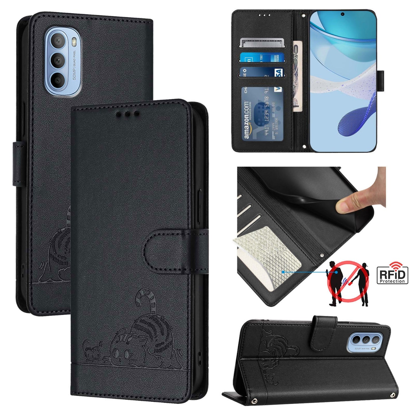 Motorola Moto G41 4G Cat and Mouse Embossed PU Leather RFID Case with Wallet Slots, Anti-Fall Protection, Kickstand, and Lanyard-buycases.co.uk