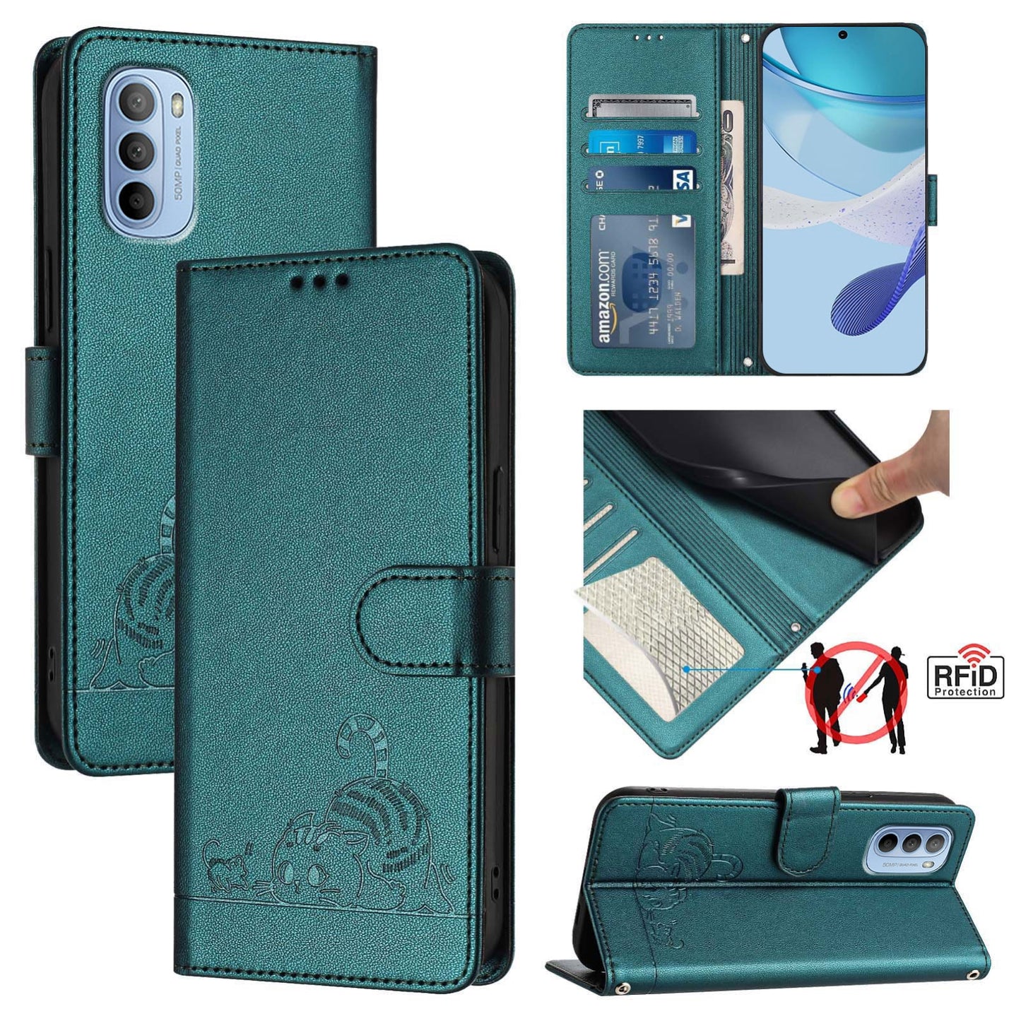 Motorola Moto G31 4G Global Cat and Mouse Embossed PU Leather RFID Case with Wallet Slots, Anti-Fall Protection, Kickstand, and Lanyard-buycases.co.uk