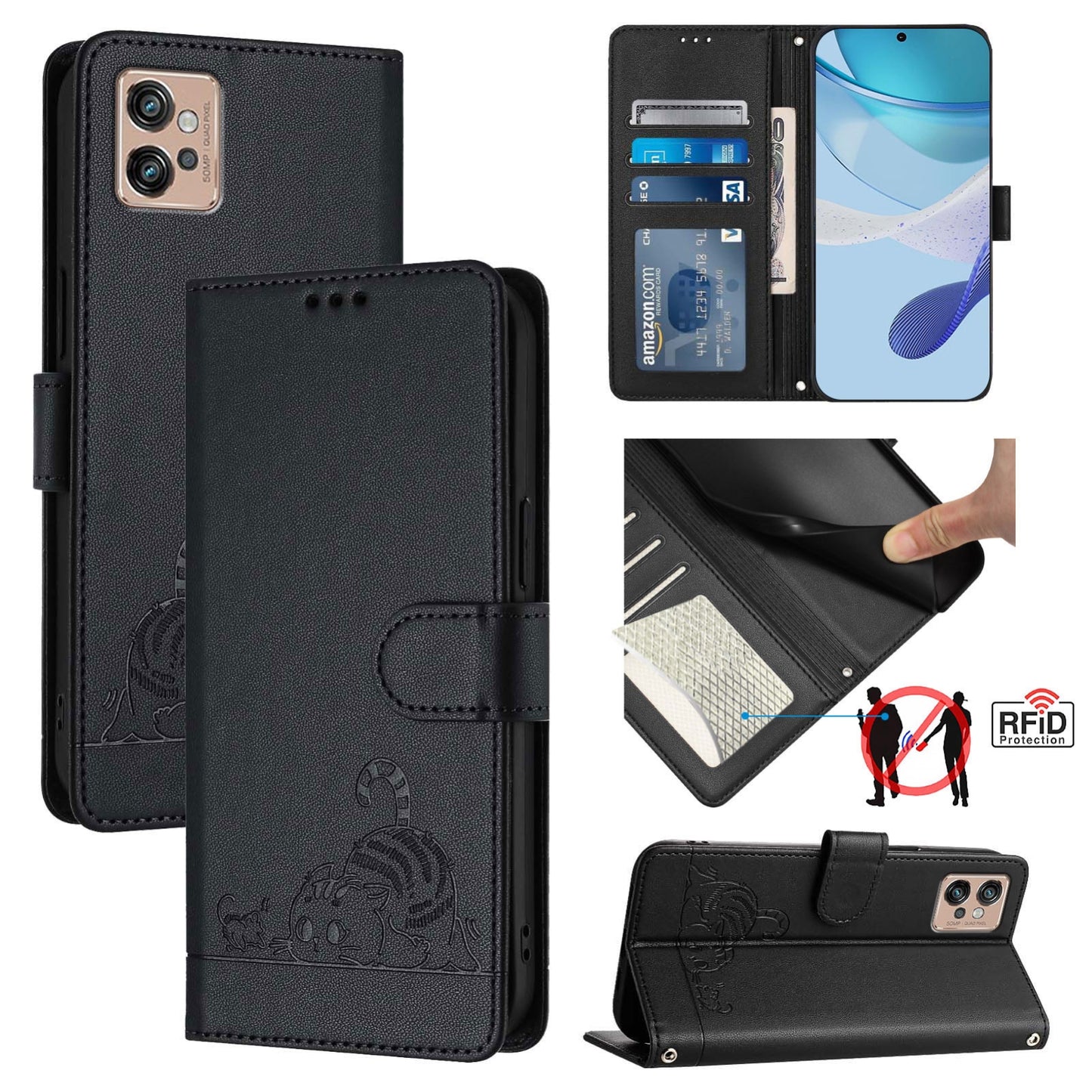 Motorola Moto G32 Cat and Mouse Embossed PU Leather RFID Case with Wallet Slots, Anti-Fall Protection, Kickstand, and Lanyard-buycases.co.uk
