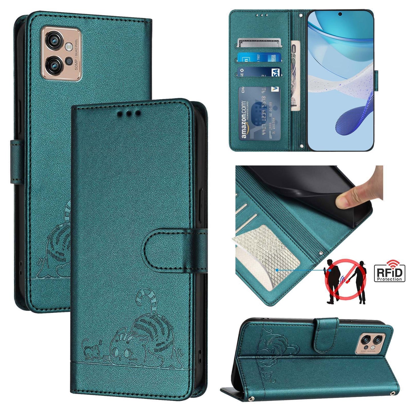 Motorola Moto G32 Cat and Mouse Embossed PU Leather RFID Case with Wallet Slots, Anti-Fall Protection, Kickstand, and Lanyard-buycases.co.uk