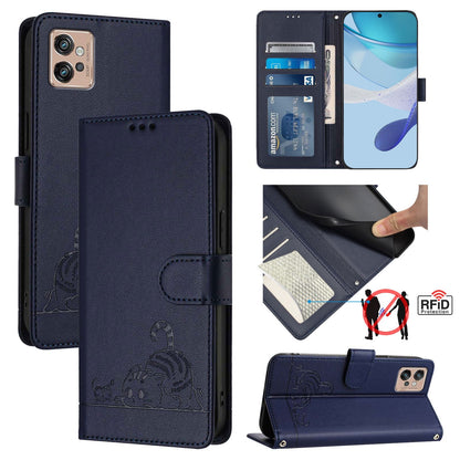 Motorola Moto G32 Cat and Mouse Embossed PU Leather RFID Case with Wallet Slots, Anti-Fall Protection, Kickstand, and Lanyard-buycases.co.uk