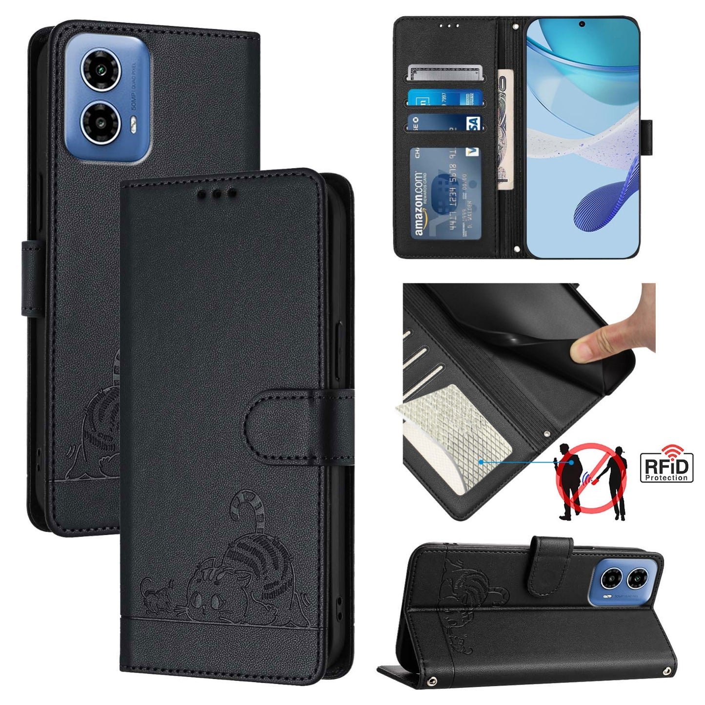 Motorola Moto G34 Global Cat and Mouse Embossed PU Leather RFID Case with Wallet Slots, Anti-Fall Protection, Kickstand, and Lanyard-buycases.co.uk