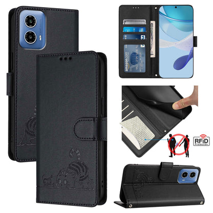 Motorola Moto G34 Global Cat and Mouse Embossed PU Leather RFID Case with Wallet Slots, Anti-Fall Protection, Kickstand, and Lanyard-buycases.co.uk