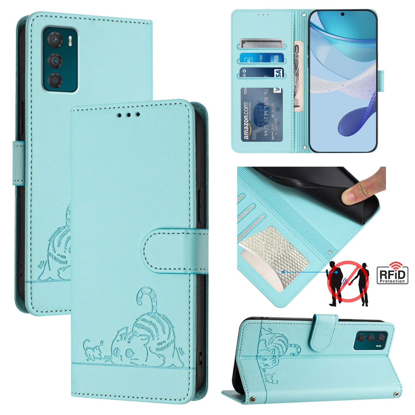 Motorola Moto G42 Cat and Mouse Embossed PU Leather RFID Case with Wallet Slots, Anti-Fall Protection, Kickstand, and Lanyard-buycases.co.uk