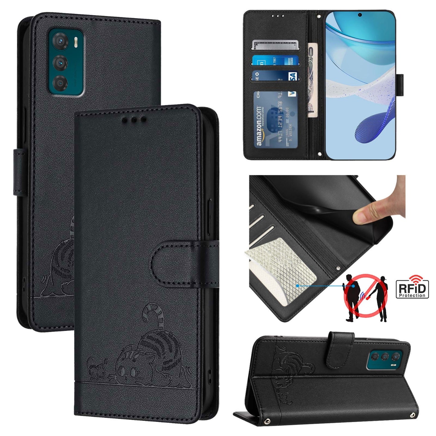 Motorola Moto G42 Cat and Mouse Embossed PU Leather RFID Case with Wallet Slots, Anti-Fall Protection, Kickstand, and Lanyard-buycases.co.uk