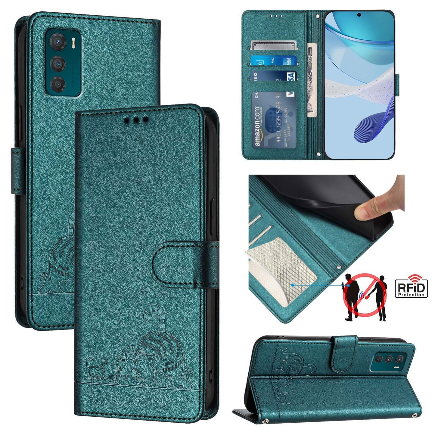 Motorola Moto G42 Cat and Mouse Embossed PU Leather RFID Case with Wallet Slots, Anti-Fall Protection, Kickstand, and Lanyard-buycases.co.uk