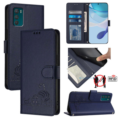 Motorola Moto G42 Cat and Mouse Embossed PU Leather RFID Case with Wallet Slots, Anti-Fall Protection, Kickstand, and Lanyard-buycases.co.uk