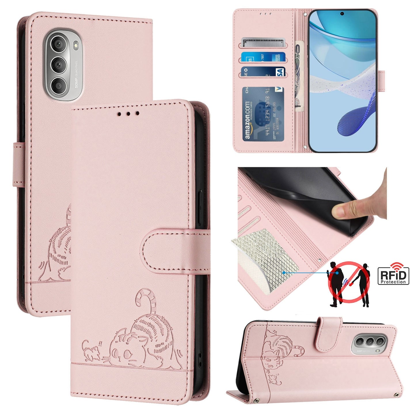 Motorola Moto G51 5G Cat and Mouse Embossed PU Leather RFID Case with Wallet Slots, Anti-Fall Protection, Kickstand, and Lanyard-buycases.co.uk