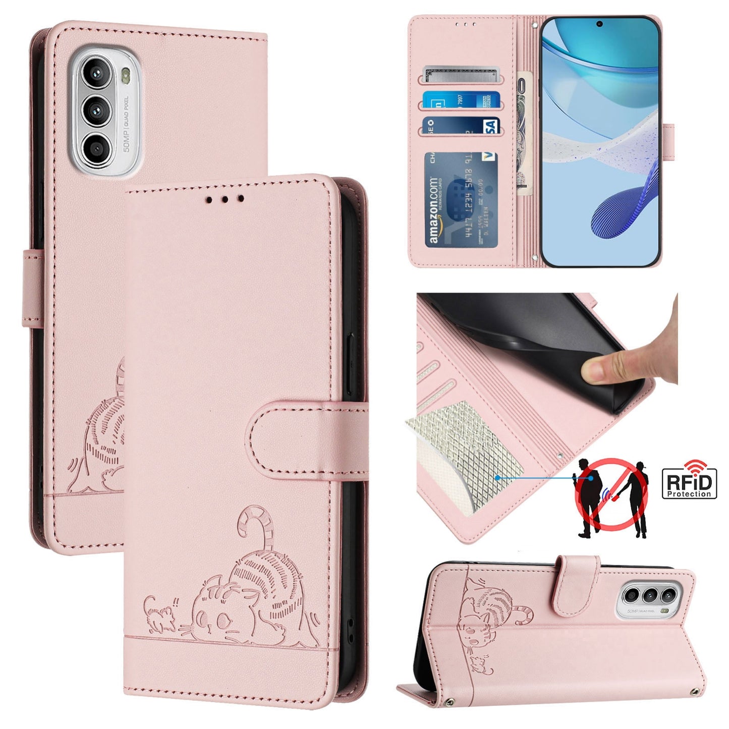 Motorola Moto G82 5G Cat and Mouse Embossed PU Leather RFID Case with Wallet Slots, Anti-Fall Protection, Kickstand, and Lanyard-buycases.co.uk