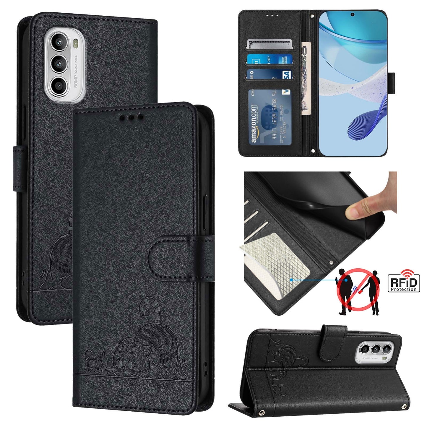 Motorola Moto G71s 5G Cat and Mouse Embossed PU Leather RFID Case with Wallet Slots, Anti-Fall Protection, Kickstand, and Lanyard-buycases.co.uk