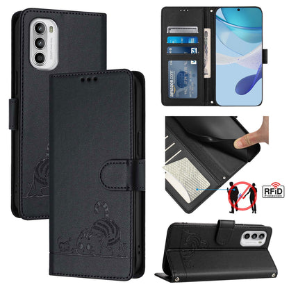 Motorola Moto G82 5G Cat and Mouse Embossed PU Leather RFID Case with Wallet Slots, Anti-Fall Protection, Kickstand, and Lanyard-buycases.co.uk