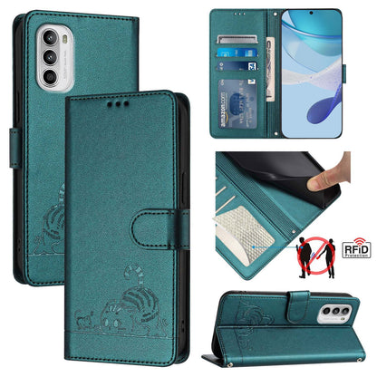 Motorola Moto G82 5G Cat and Mouse Embossed PU Leather RFID Case with Wallet Slots, Anti-Fall Protection, Kickstand, and Lanyard-buycases.co.uk