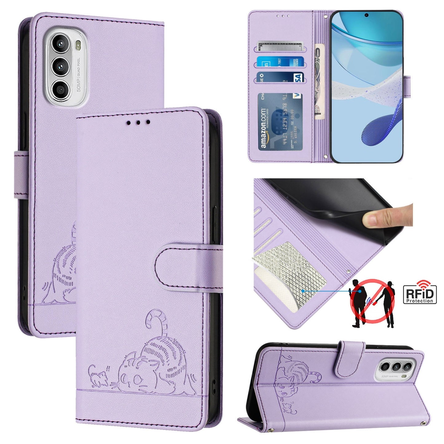 Motorola Moto G82 5G Cat and Mouse Embossed PU Leather RFID Case with Wallet Slots, Anti-Fall Protection, Kickstand, and Lanyard-buycases.co.uk