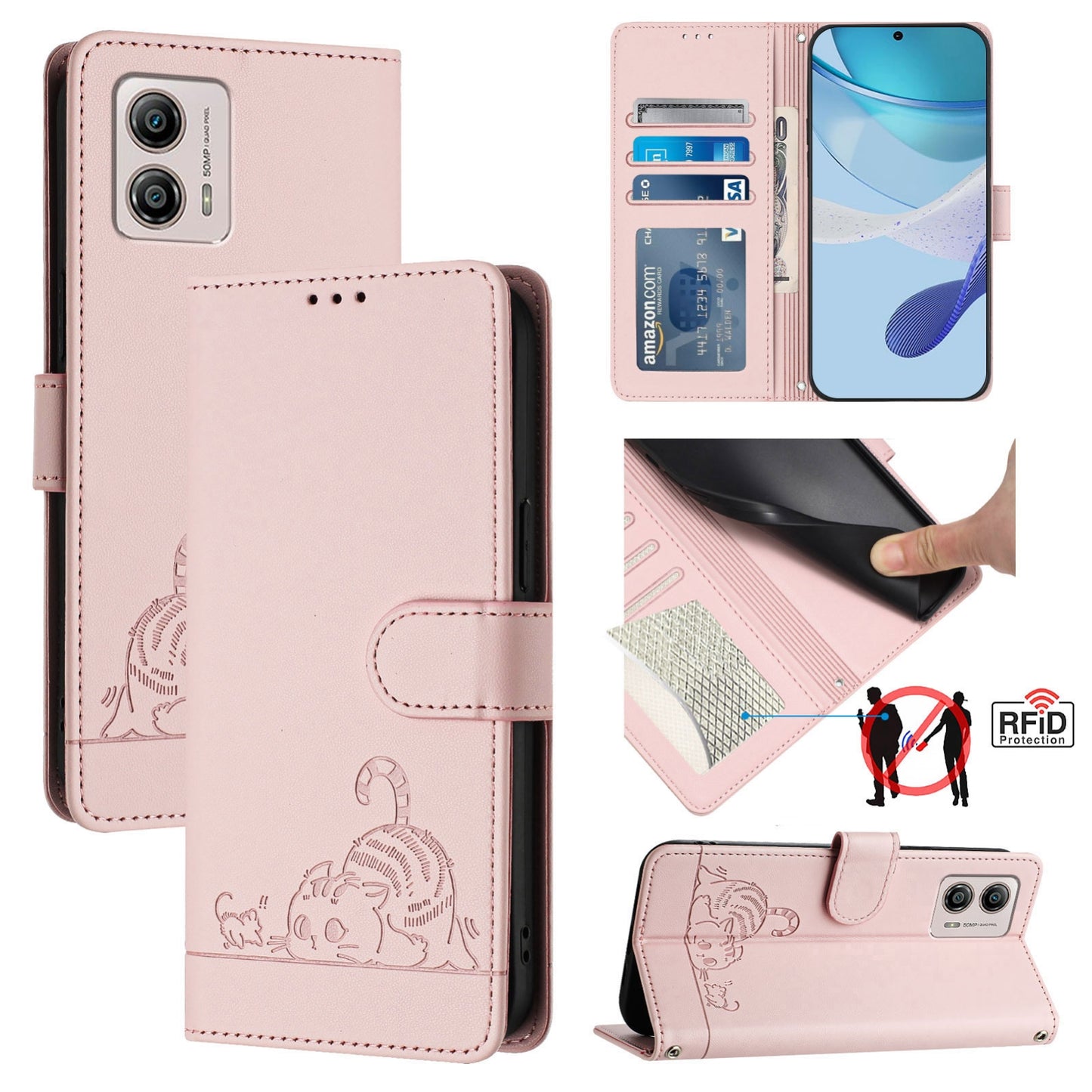 Motorola Moto G13 4G Cat and Mouse Embossed PU Leather RFID Case with Wallet Slots, Anti-Fall Protection, Kickstand, and Lanyard-buycases.co.uk