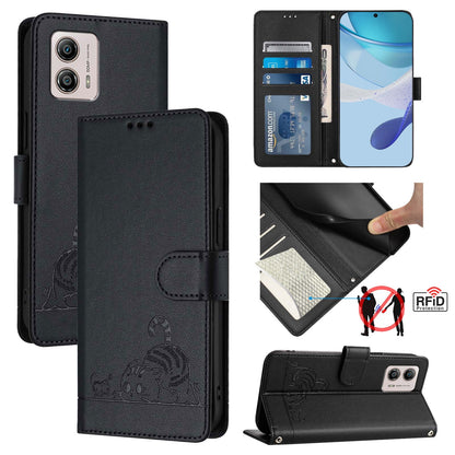Motorola Moto G53J 5G Cat and Mouse Embossed PU Leather RFID Case with Wallet Slots, Anti-Fall Protection, Kickstand, and Lanyard-buycases.co.uk