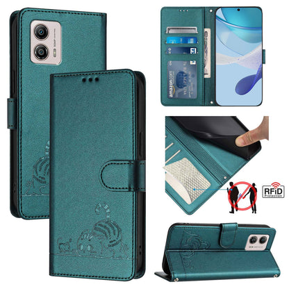 Motorola Moto G53J 5G Cat and Mouse Embossed PU Leather RFID Case with Wallet Slots, Anti-Fall Protection, Kickstand, and Lanyard-buycases.co.uk