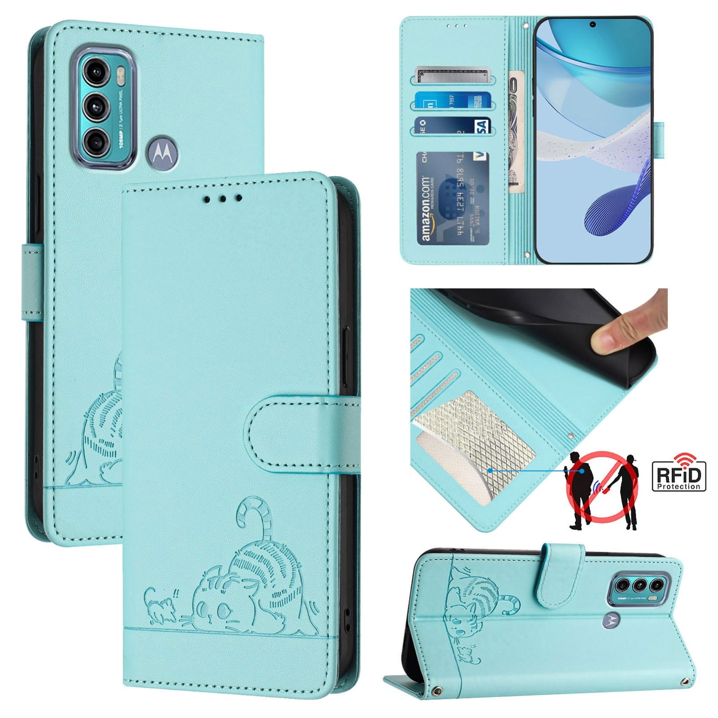 Motorola Moto G60 Cat and Mouse Embossed PU Leather RFID Case with Wallet Slots, Anti-Fall Protection, Kickstand, and Lanyard-buycases.co.uk