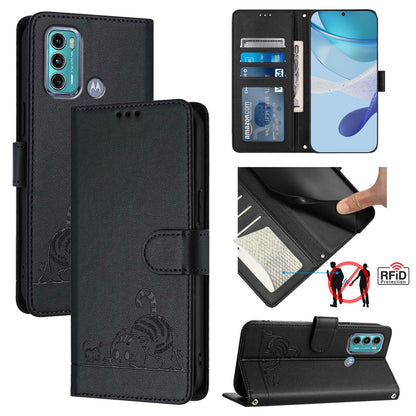 Motorola Moto G60 Cat and Mouse Embossed PU Leather RFID Case with Wallet Slots, Anti-Fall Protection, Kickstand, and Lanyard-buycases.co.uk