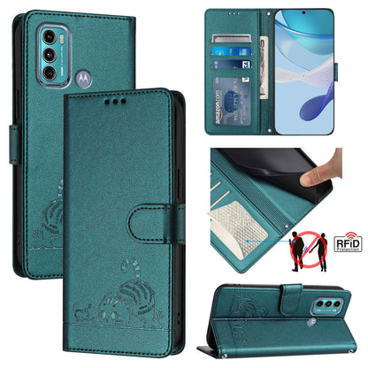 Motorola Moto G40 Fusion Cat and Mouse Embossed PU Leather RFID Case with Wallet Slots, Anti-Fall Protection, Kickstand, and Lanyard-buycases.co.uk