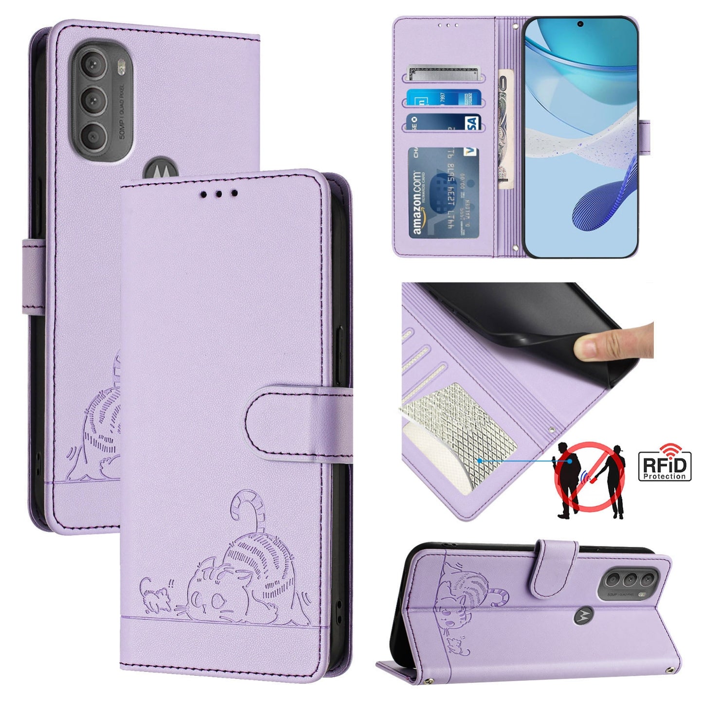 Motorola Moto G71 5G Cat and Mouse Embossed PU Leather RFID Case with Wallet Slots, Anti-Fall Protection, Kickstand, and Lanyard-buycases.co.uk