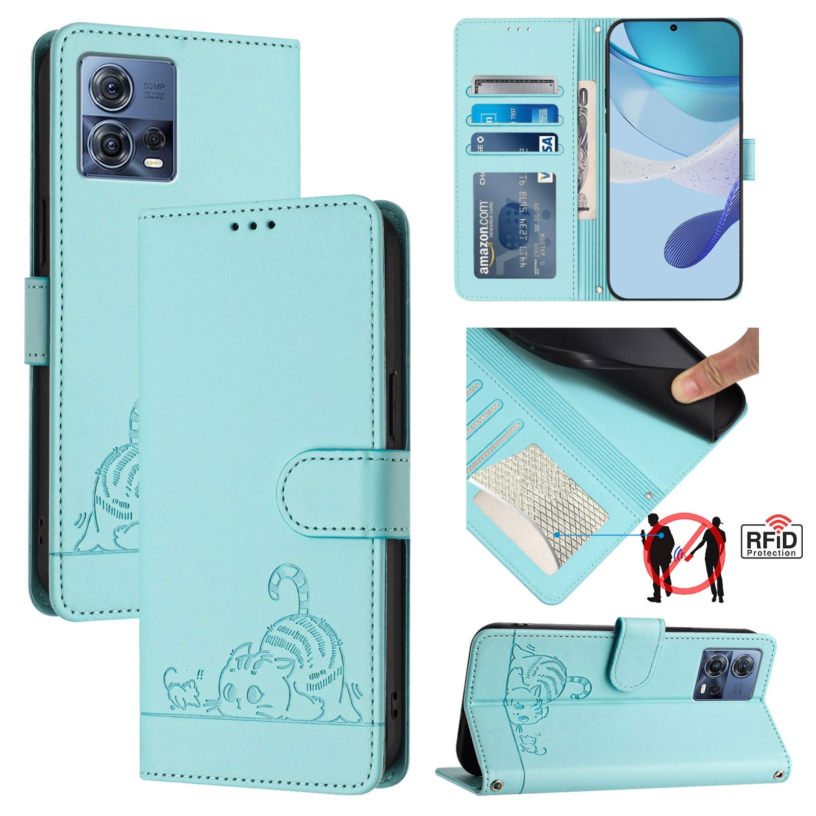 Motorola Moto G72 Cat and Mouse Embossed PU Leather RFID Case with Wallet Slots, Anti-Fall Protection, Kickstand, and Lanyard-buycases.co.uk