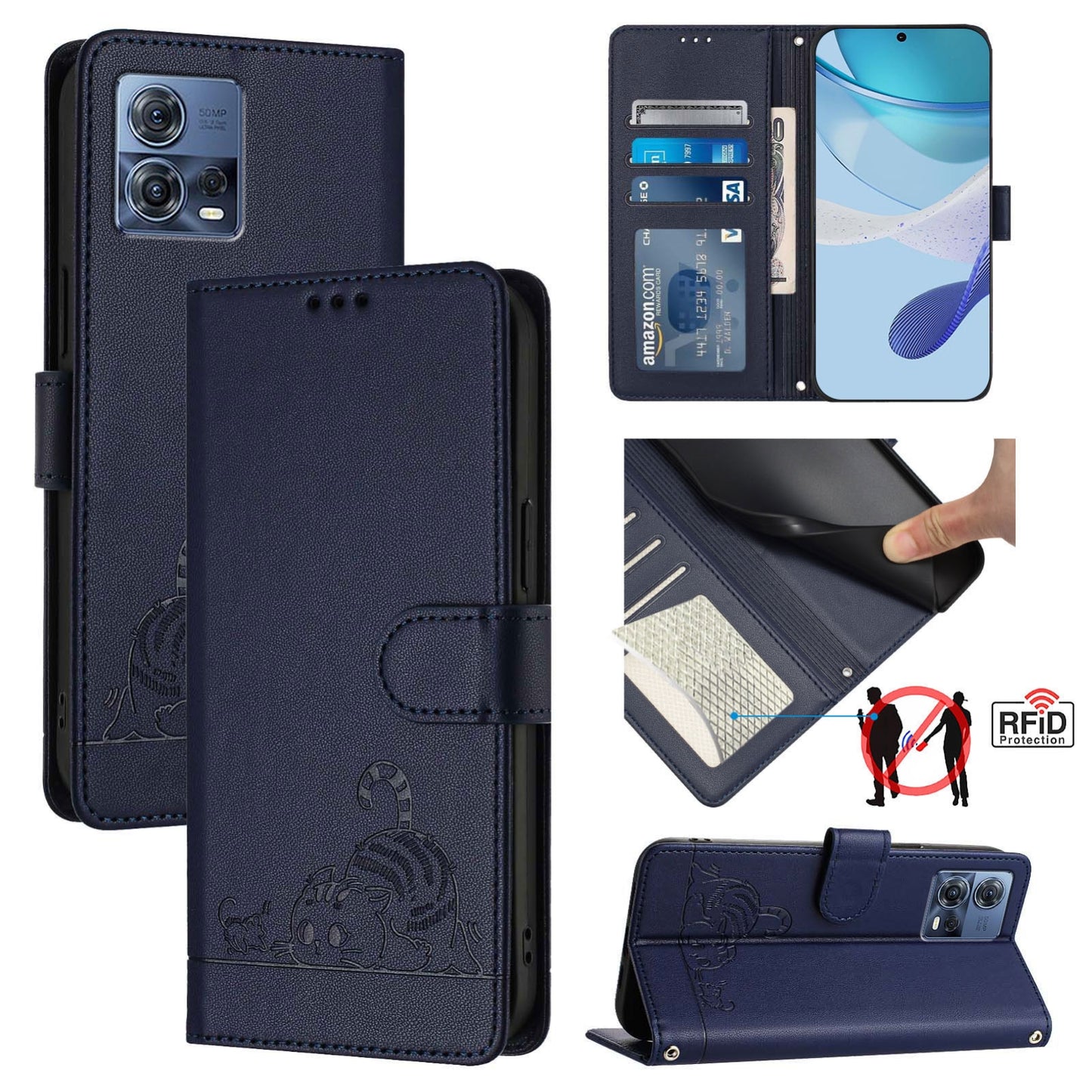 Motorola Moto G72 Cat and Mouse Embossed PU Leather RFID Case with Wallet Slots, Anti-Fall Protection, Kickstand, and Lanyard-buycases.co.uk
