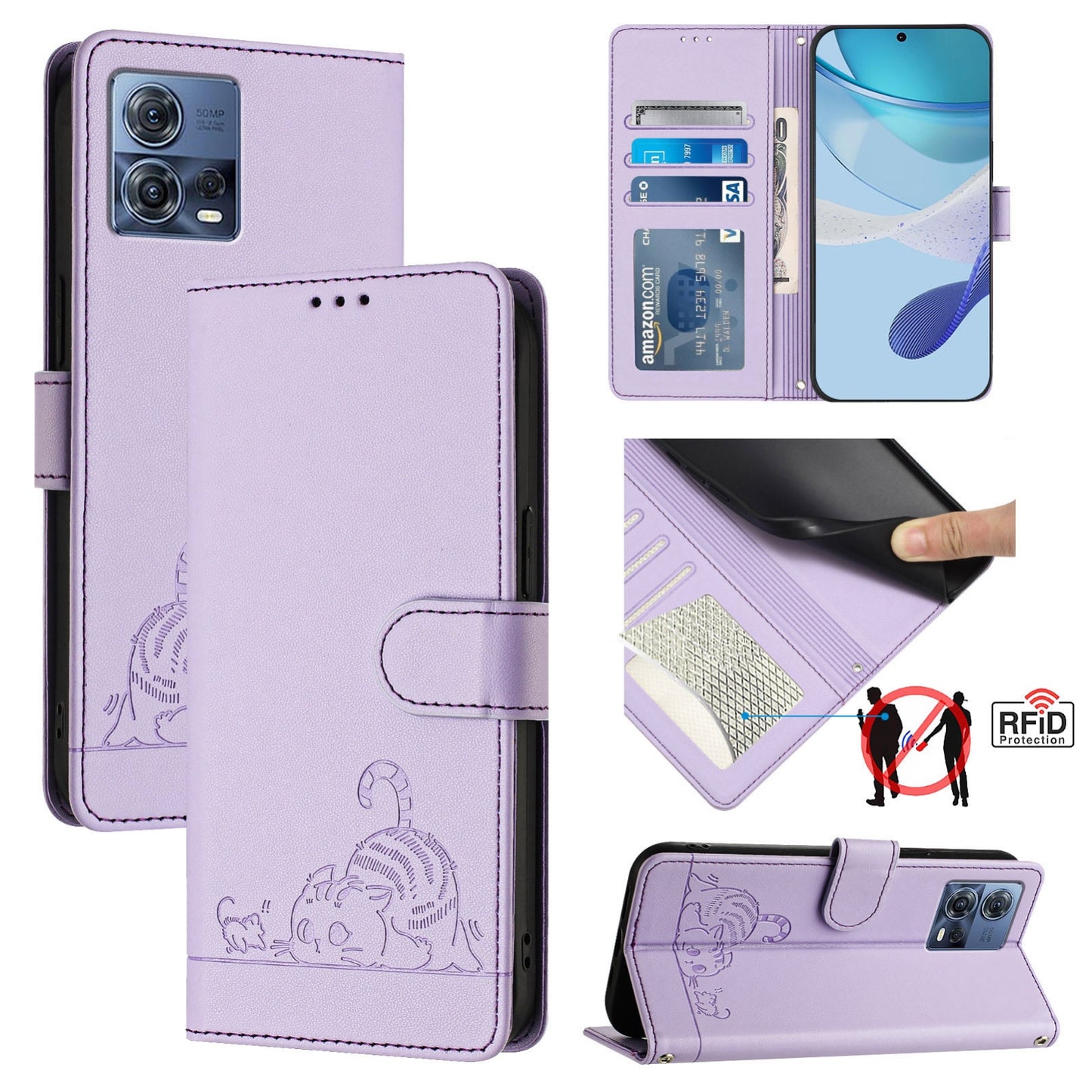 Motorola Moto G72 Cat and Mouse Embossed PU Leather RFID Case with Wallet Slots, Anti-Fall Protection, Kickstand, and Lanyard-buycases.co.uk