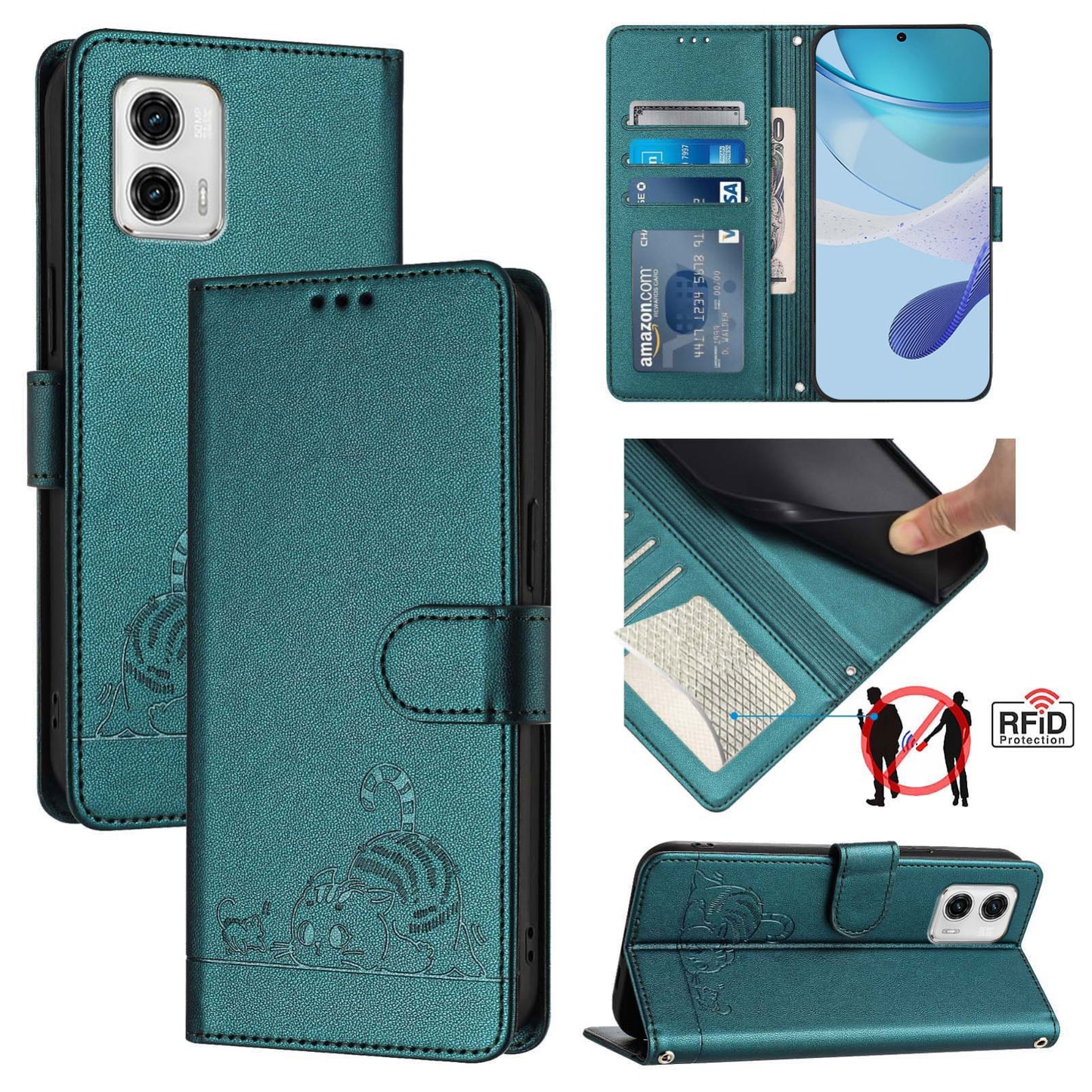 Motorola Moto G73 5G Cat and Mouse Embossed PU Leather RFID Case with Wallet Slots, Anti-Fall Protection, Kickstand, and Lanyard-buycases.co.uk
