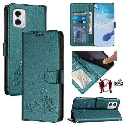 Motorola Moto G73 5G Cat and Mouse Embossed PU Leather RFID Case with Wallet Slots, Anti-Fall Protection, Kickstand, and Lanyard-buycases.co.uk
