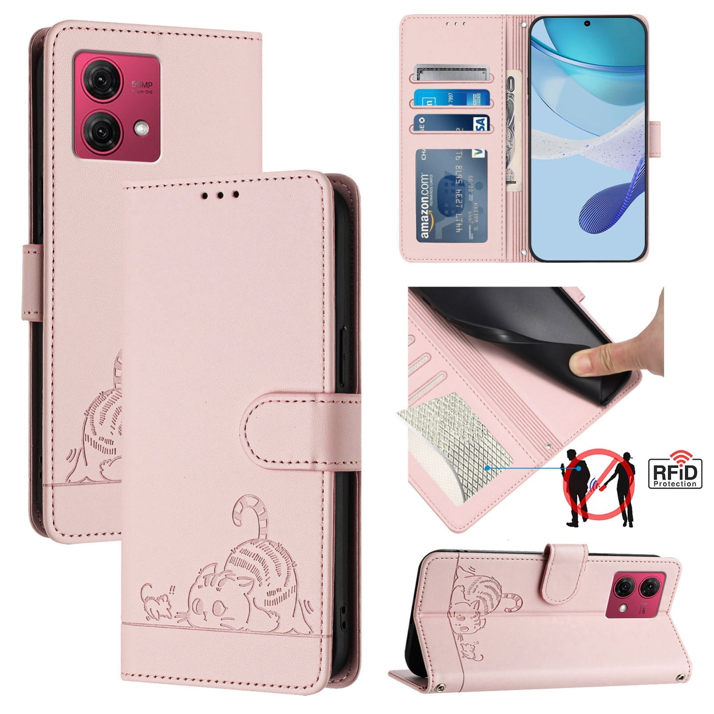 Motorola Moto G84 5G Cat and Mouse Embossed PU Leather RFID Case with Wallet Slots, Anti-Fall Protection, Kickstand, and Lanyard-buycases.co.uk