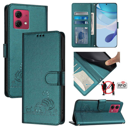 Motorola Moto G84 5G Cat and Mouse Embossed PU Leather RFID Case with Wallet Slots, Anti-Fall Protection, Kickstand, and Lanyard-buycases.co.uk