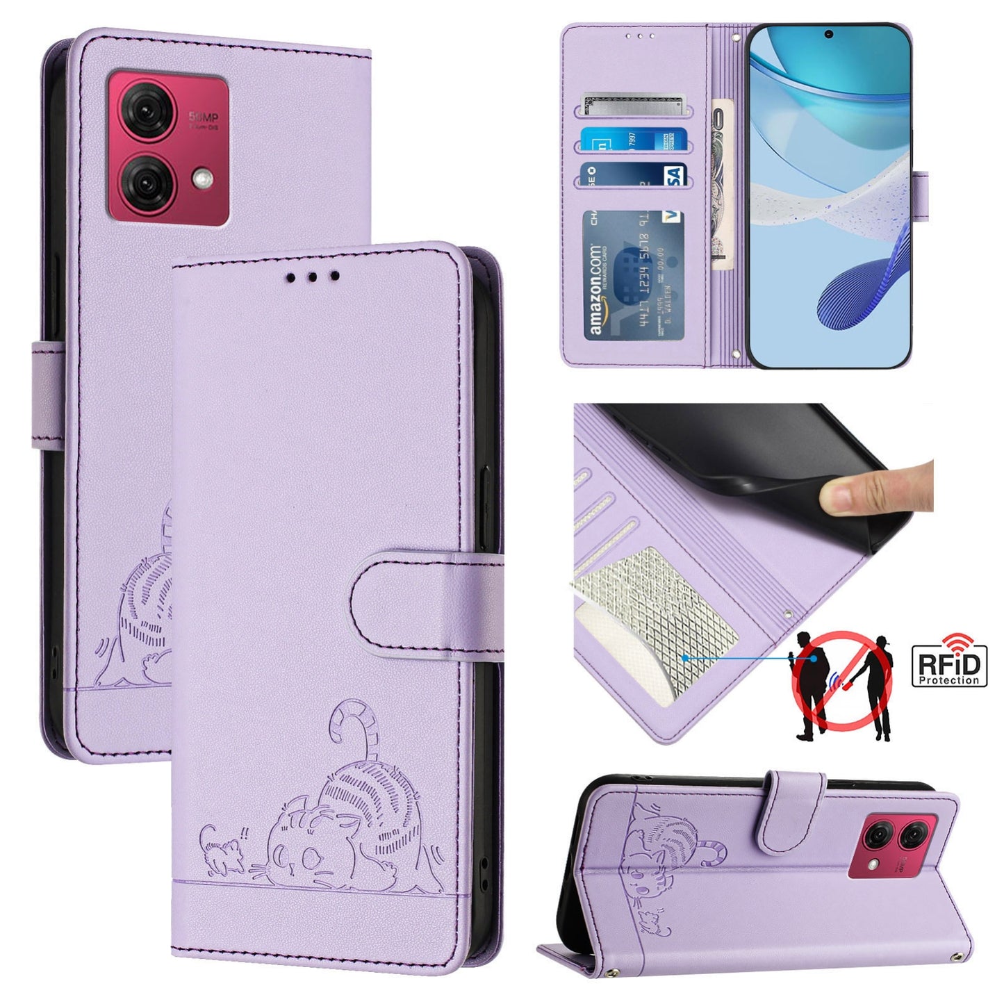 Motorola Moto G84 5G Cat and Mouse Embossed PU Leather RFID Case with Wallet Slots, Anti-Fall Protection, Kickstand, and Lanyard-buycases.co.uk