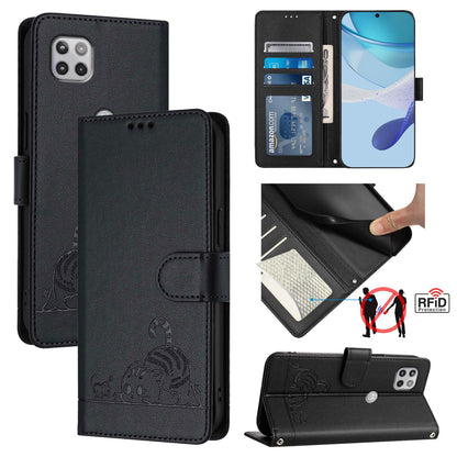 Motorola One 5G Ace Cat and Mouse Embossed PU Leather RFID Case with Wallet Slots, Anti-Fall Protection, Kickstand, and Lanyard-buycases.co.uk