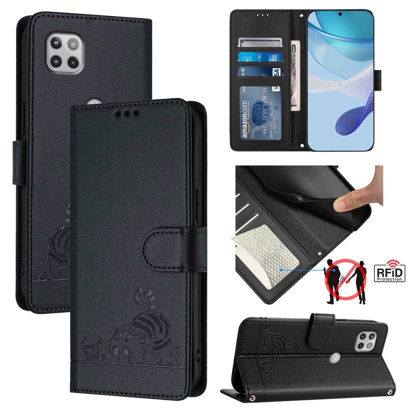 Motorola Moto G 5G Cat and Mouse Embossed PU Leather RFID Case with Wallet Slots, Anti-Fall Protection, Kickstand, and Lanyard-buycases.co.uk