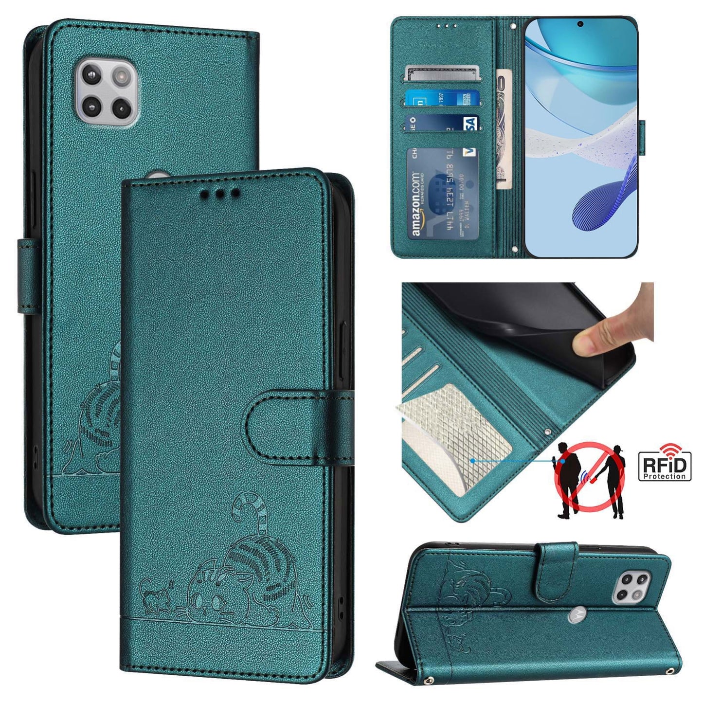 Motorola One 5G Ace Cat and Mouse Embossed PU Leather RFID Case with Wallet Slots, Anti-Fall Protection, Kickstand, and Lanyard-buycases.co.uk