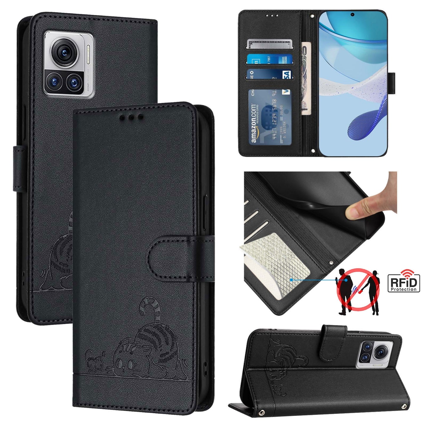 Motorola Moto X30 Pro 5G Cat and Mouse Embossed PU Leather RFID Case with Wallet Slots, Anti-Fall Protection, Kickstand, and Lanyard-buycases.co.uk