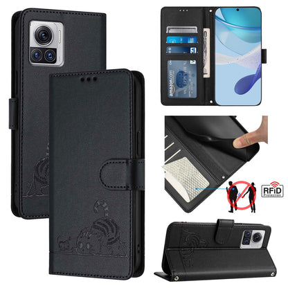 Motorola Edge 30 Ultra Cat and Mouse Embossed PU Leather RFID Case with Wallet Slots, Anti-Fall Protection, Kickstand, and Lanyard-buycases.co.uk