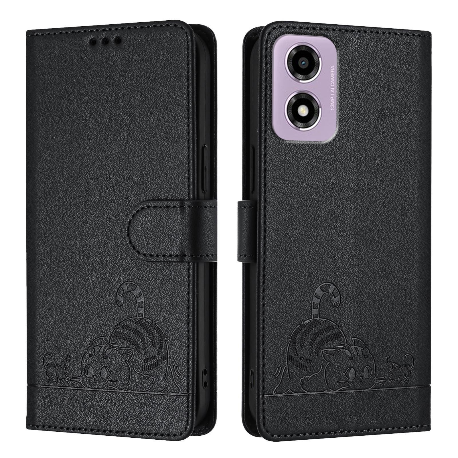 Motorola Moto E14 Cat and Mouse Embossed PU Leather RFID Case with Wallet Slots, Anti-Fall Protection, Kickstand, and Lanyard-buycases.co.uk
