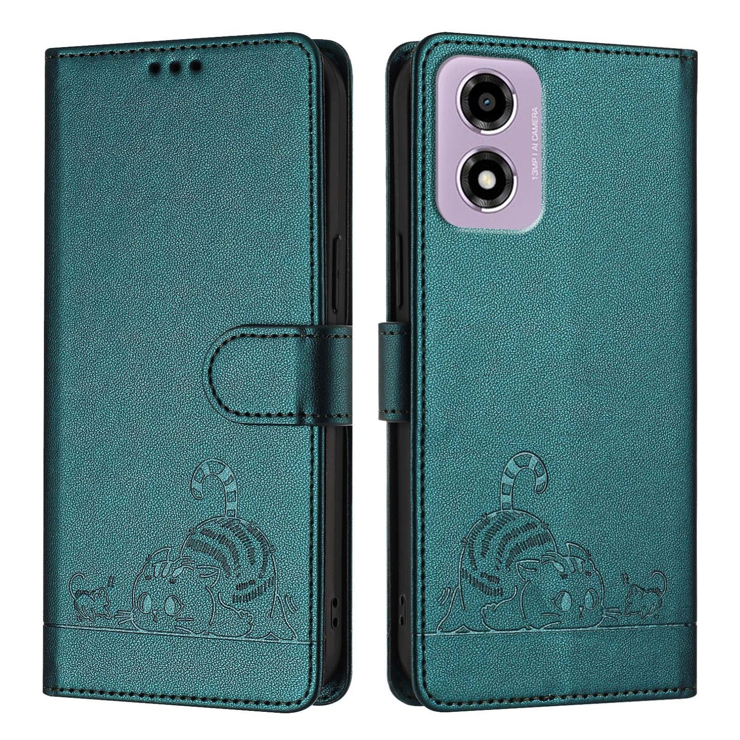 Motorola Moto E14 Cat and Mouse Embossed PU Leather RFID Case with Wallet Slots, Anti-Fall Protection, Kickstand, and Lanyard-buycases.co.uk