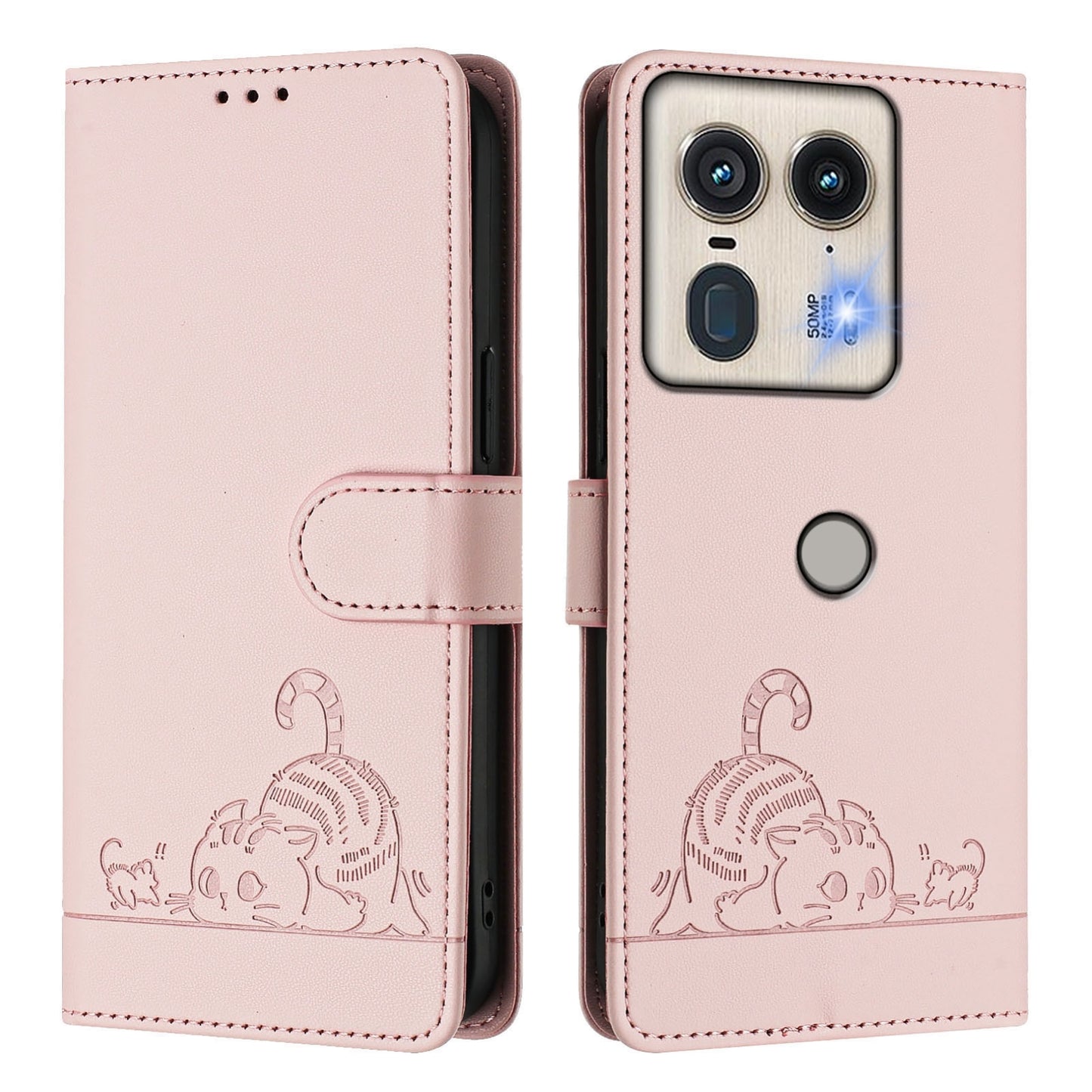 Motorola Edge 5G Global Cat and Mouse Embossed PU Leather RFID Case with Wallet Slots, Anti-Fall Protection, Kickstand, and Lanyard-buycases.co.uk